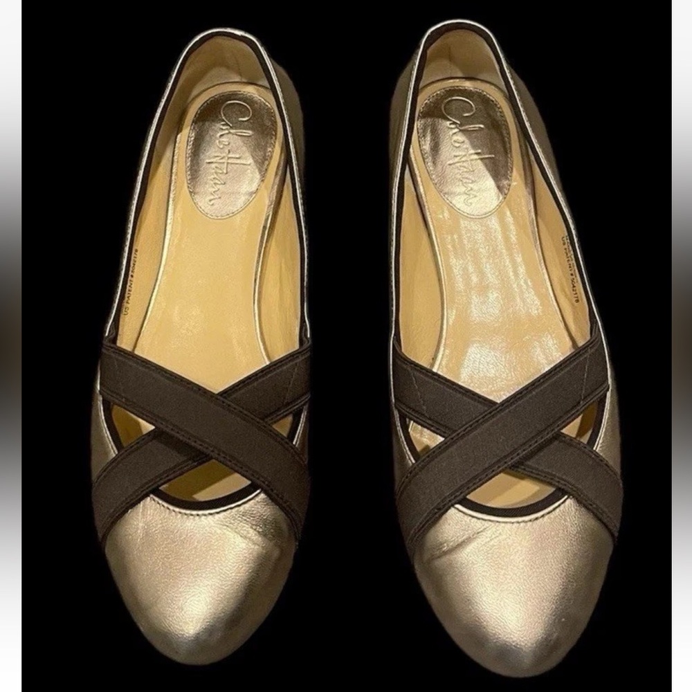 Cole Haan Womens Brown Metallic Cross Leather Ballet Flat Shoes Size 7.5 B